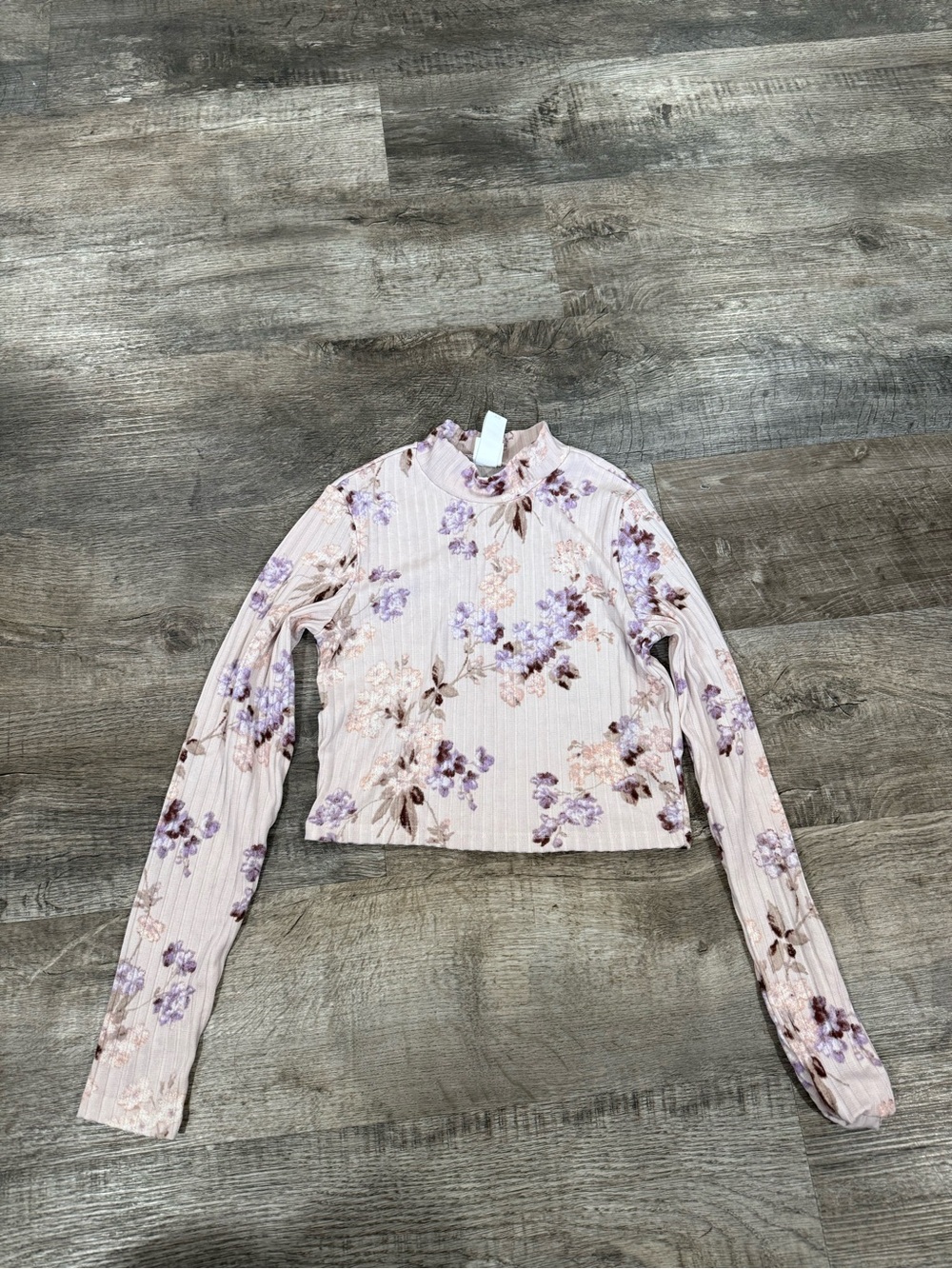 H&M Light Pink Floral Ribbed Mock Neck Long Sleeve Top
